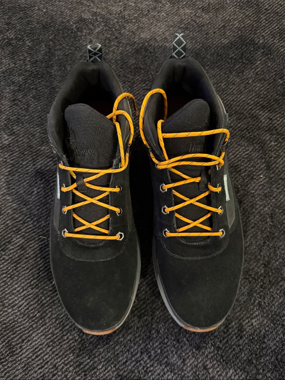 Men's Timberland Black Suede Boots with Contrast Orange Laces, size 11